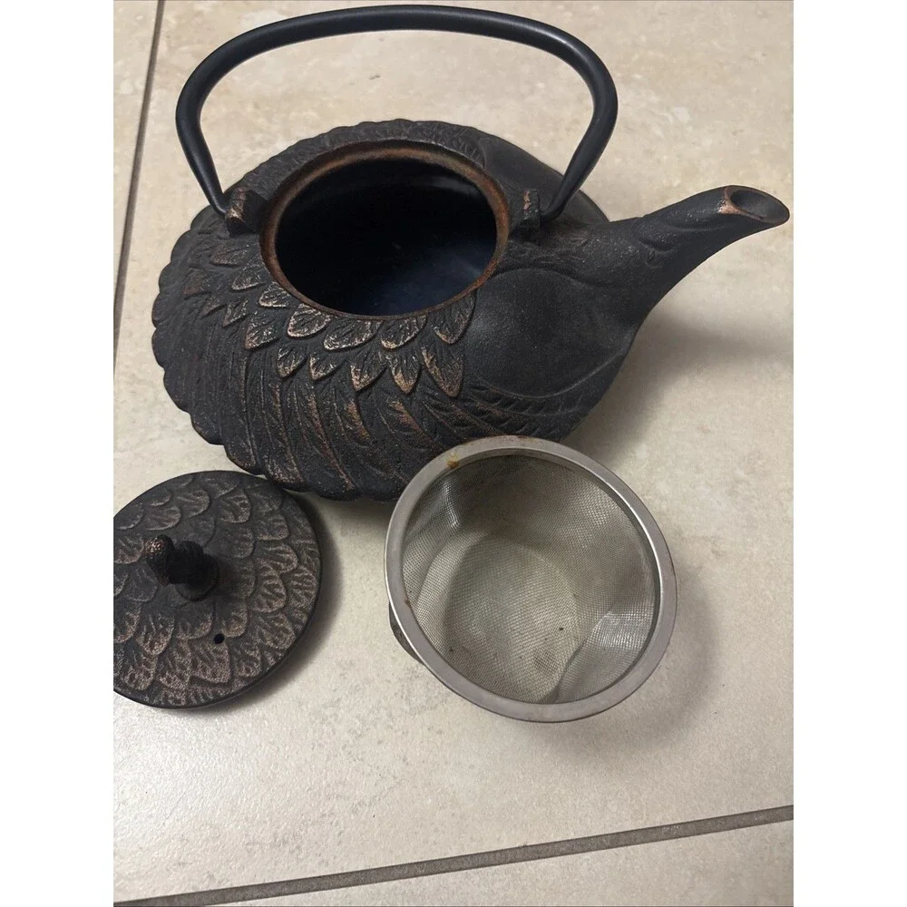 Cast Iron Teapot Pelican on Lid Embossed Feathers Motif Enamel Porcelain Inside